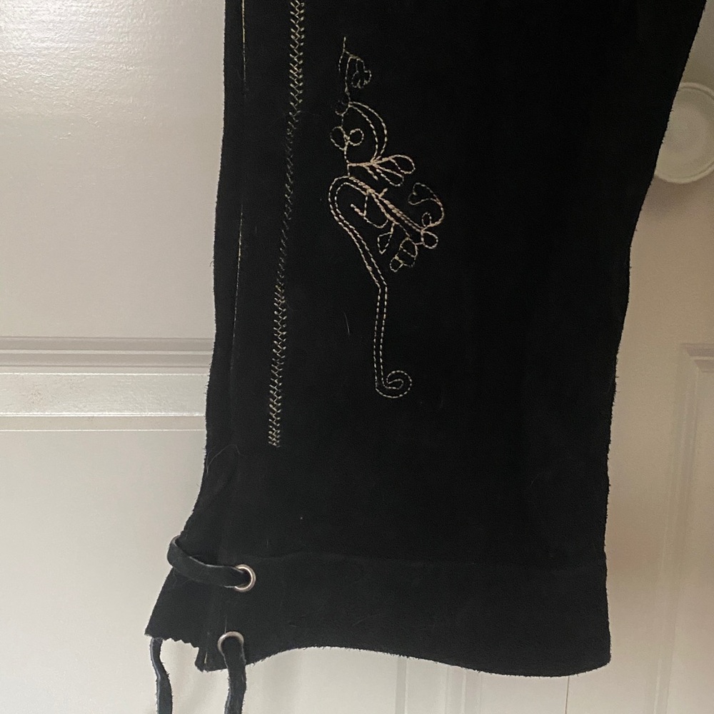 Black Embroidered Lederhosen Style Suspender Pants - Picture 4 of 6